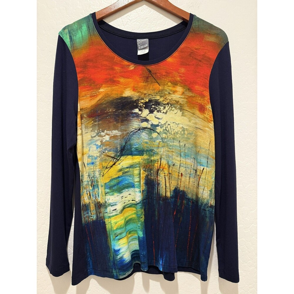 Dolcezza Large Women's Top Abstract Landscape Printed Tee Artsy Stretch Tunic